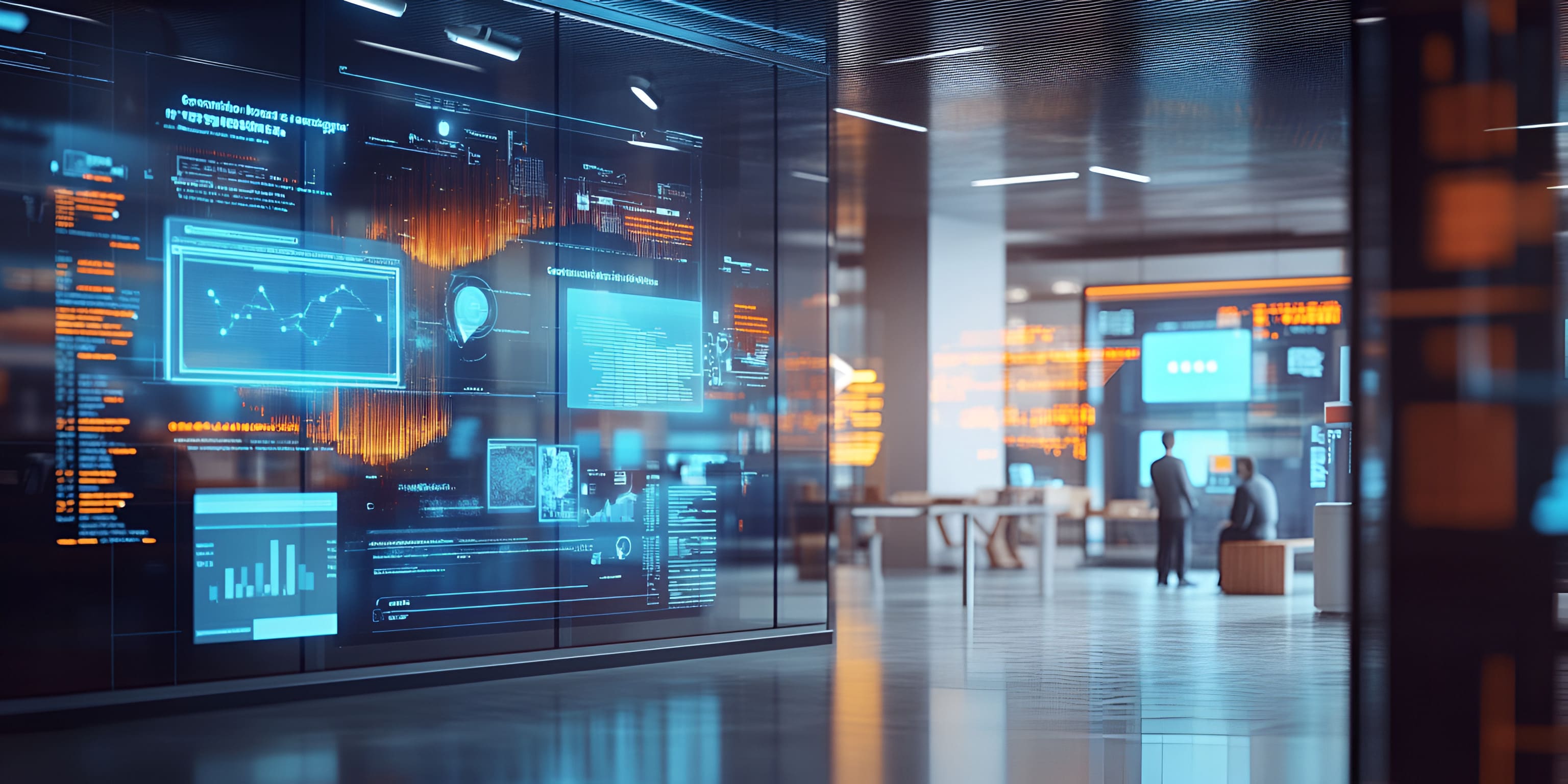 Data-Driven Innovation: Inside the heart of a modern tech hub, where data visualization and futuristic interfaces drive innovation and transform business decisions.