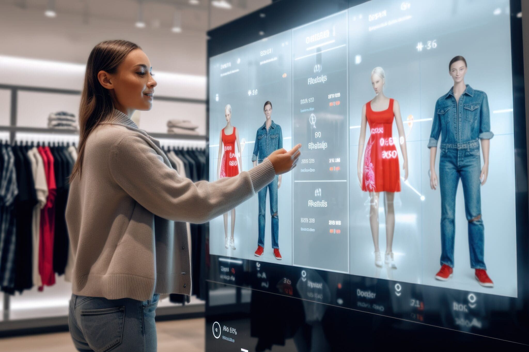 A young woman enjoys a cutting-edge shopping experience using an interactive digital screen to browse and try on clothes virtually, ideal for showcasing the next generation of retail technology in fashion stores.