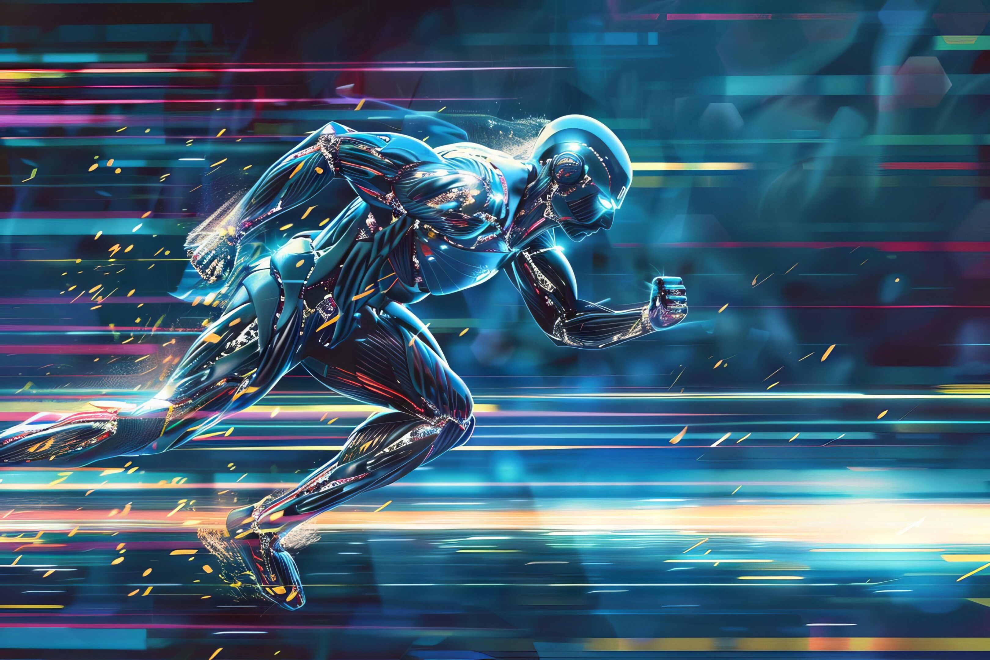 ai robot athlete sprinting in olympic race artificial intelligence in sports and fitness digital illustration