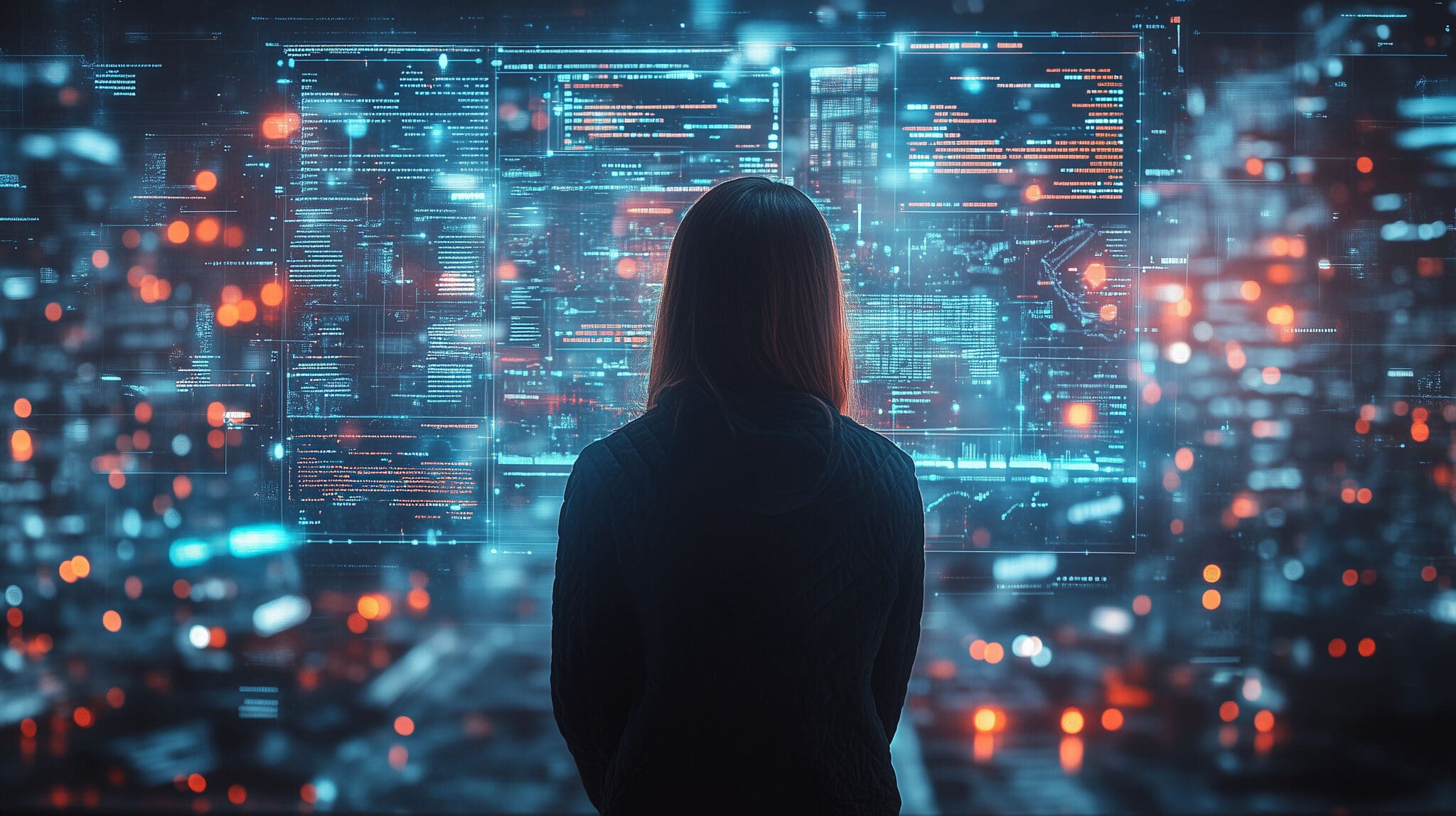Master of the Digital Realm: A solitary figure, shrouded in shadow, navigates a sprawling network of data, their back turned as they command the digital landscape.