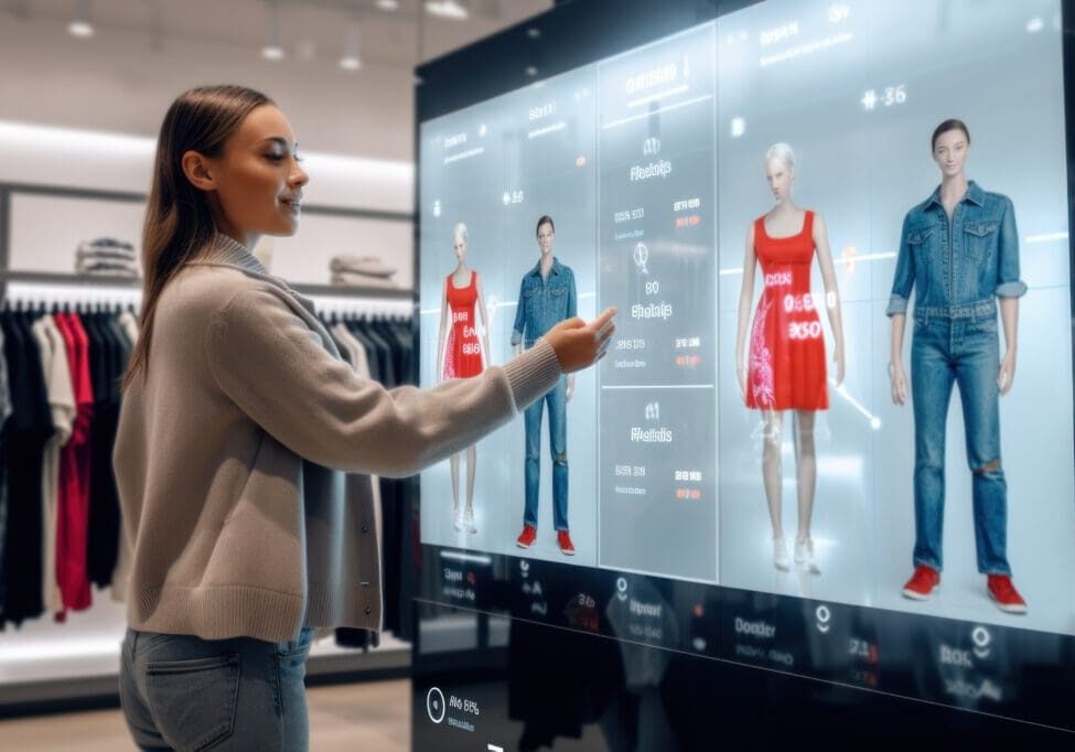 A young woman enjoys a cutting-edge shopping experience using an interactive digital screen to browse and try on clothes virtually, ideal for showcasing the next generation of retail technology in fashion stores.