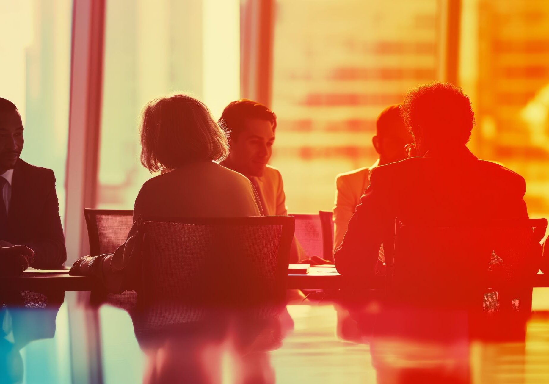 Silhouette of professionals engaged in a meeting inside a boardroom with a cityscape Warm, vibrant colors suggest collaboration