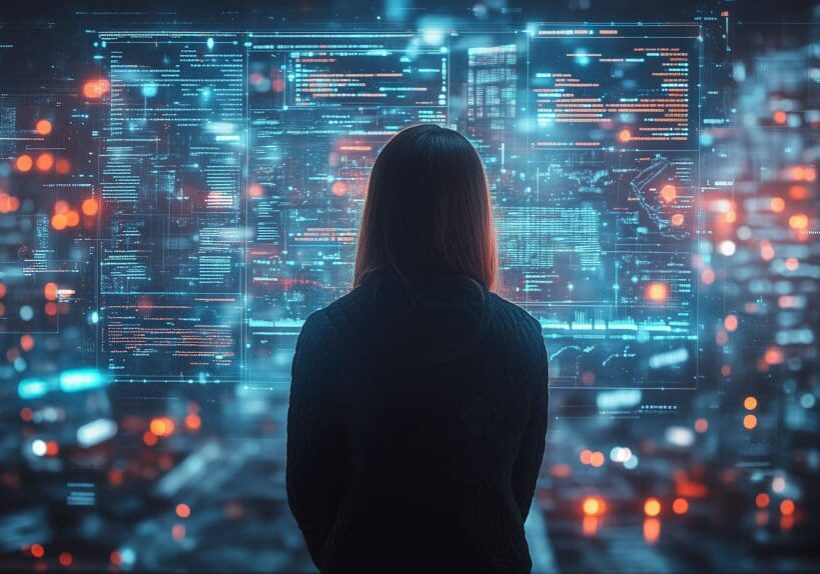 Master of the Digital Realm: A solitary figure, shrouded in shadow, navigates a sprawling network of data, their back turned as they command the digital landscape.