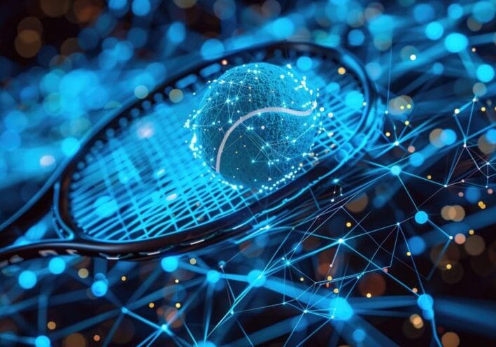 Tennis racket with glowing digital tennis ball surrounded by interconnected blue lines and nodes. Concepts of technology in sports, digital innovation, and modern athletic advancements.
